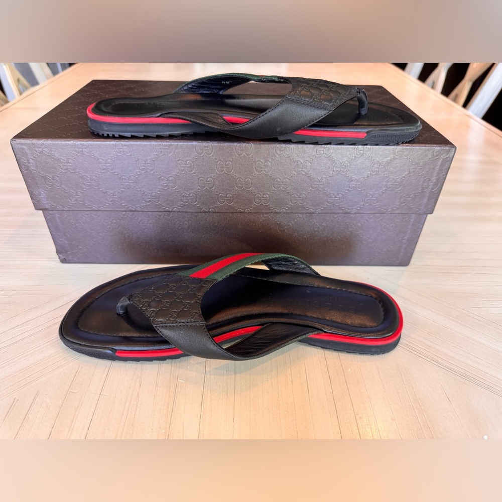 Gucci GG Microguccissima Web Leather Thong Sandals Men’s 9 Black Made in Italy - Picture 11 of 14